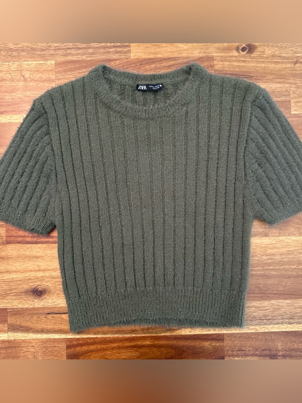 Zara Olive Ribbed Crew Short-Sleeve Sweater